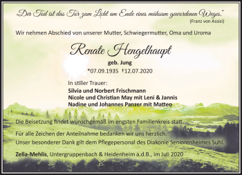 Traueranzeige von Renate Hengelhaupt von Südthüringer Presse