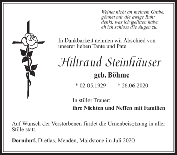 Traueranzeige von Hiltraud Steinhäuser von Südthüringer Presse