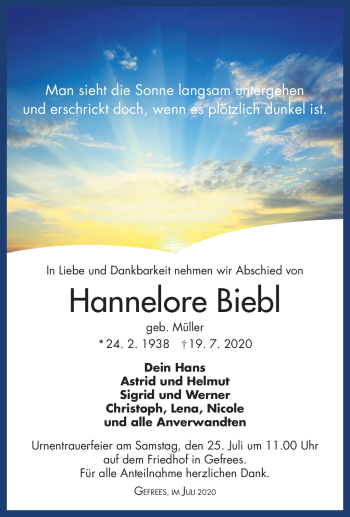 Traueranzeige von Hannelore Biebl von Frankenpost