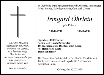 Traueranzeige von Irmgard Öhrlein von Neue Presse Coburg