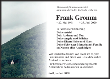 Traueranzeige von Frank Gromm von Südthüringer Presse