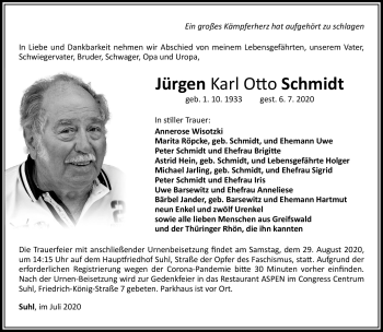Traueranzeige von Jürgen Schmidt von Südthüringer Presse