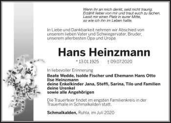 Traueranzeige von Hans Heinzmann von Südthüringer Presse