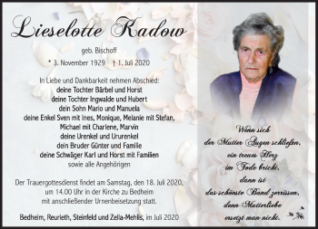 Traueranzeige von Lieselotte Kadow von Südthüringer Presse
