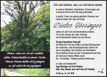 Traueranzeige von Dieter Gössinger von Südthüringer Presse