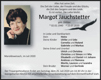Traueranzeige von Margot Jauchstetter von Neue Presse Coburg