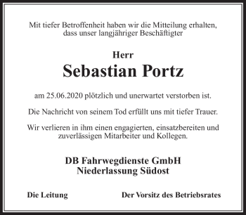 Traueranzeige von Sebastian Portz von Südthüringer Presse