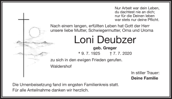 Traueranzeige von Loni Deubzer von Frankenpost