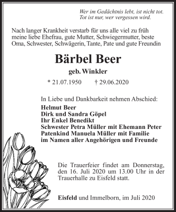 Traueranzeige von Bärbel Beer von Südthüringer Presse