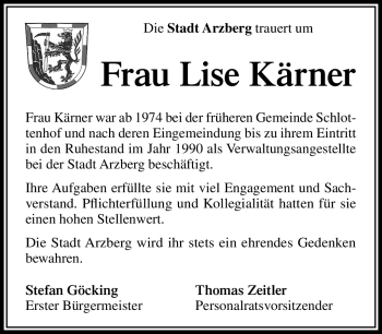 Traueranzeige von Lise Kärner von Frankenpost