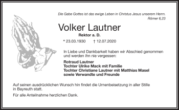 Traueranzeige von Volker Lautner von Frankenpost