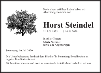 Traueranzeige von Horst Steindel von Südthüringer Presse