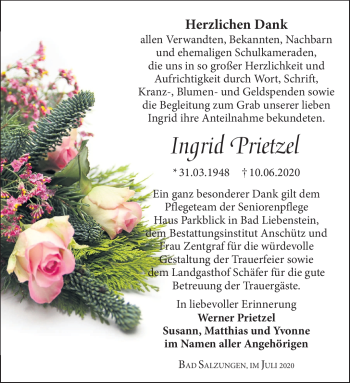 Traueranzeige von Ingrid Prietzel von Südthüringer Presse