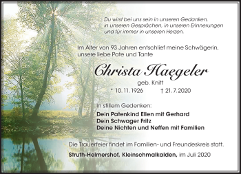 Traueranzeige von Christa Haegeler von Südthüringer Presse