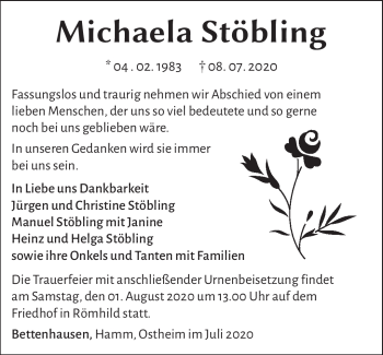 Traueranzeige von Michaela Stöbling von Südthüringer Presse