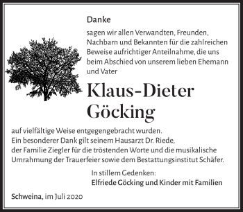 Traueranzeige von Klaus-Dieter Göcking von Südthüringer Presse