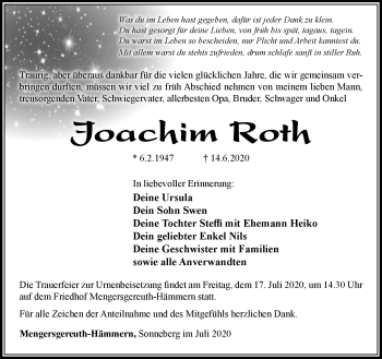 Traueranzeige von Joachim Roth von Südthüringer Presse