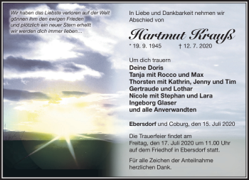 Traueranzeige von Hartmut Krauß von Neue Presse Coburg