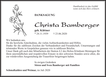 Traueranzeige von Christa Bamberger von Südthüringer Presse