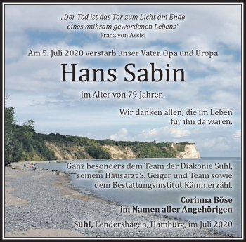 Traueranzeige von Hans Sabin von Südthüringer Presse