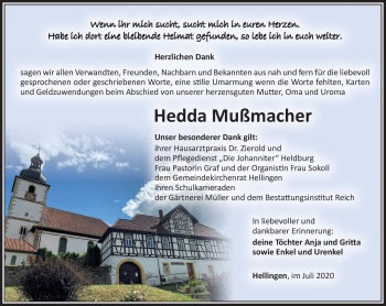 Traueranzeige von Hedda Mußmacher von Südthüringer Presse
