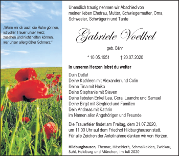 Traueranzeige von Gabriele Voelkel von Südthüringer Presse