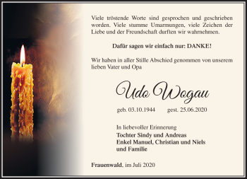Traueranzeige von Udo Wogau von Südthüringer Presse