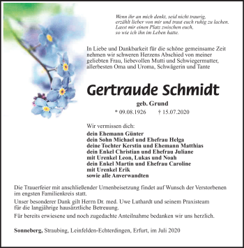 Traueranzeige von Gertraude Schmidt von Südthüringer Presse