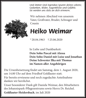 Traueranzeige von Heiko Weimar von Südthüringer Presse
