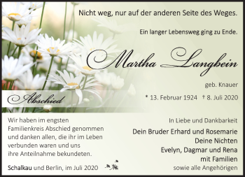 Traueranzeige von Martha Langbein von Südthüringer Presse