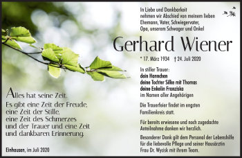 Traueranzeige von Gerhard Wiener von Südthüringer Presse
