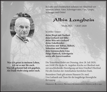 Traueranzeige von Albin Langbein von Südthüringer Presse