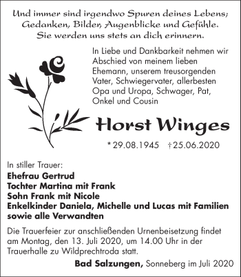 Traueranzeige von Horst Winges von Südthüringer Presse