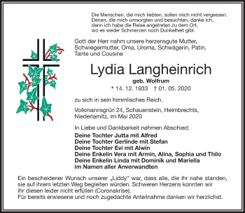 Traueranzeige von Lydia Langheinrich von Frankenpost