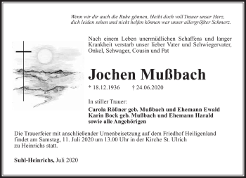Traueranzeige von Jochen Mußbach von Südthüringer Presse