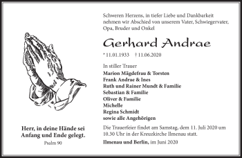 Traueranzeige von Gerhard Andrae von Südthüringer Presse