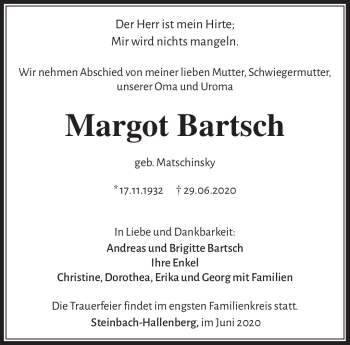 Traueranzeige von Margot Bartsch von Südthüringer Presse