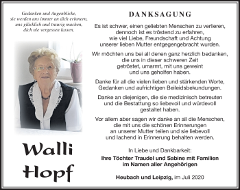 Traueranzeige von Walli Hopf von Südthüringer Presse