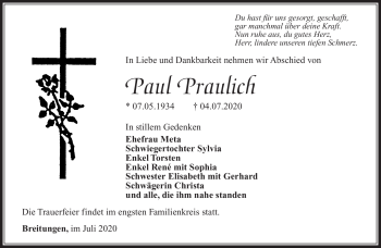 Traueranzeige von Paul Praulich von Südthüringer Presse