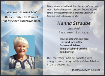 Traueranzeige von Hanna Straube von Südthüringer Presse