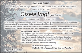 Traueranzeige von Gisela Vogt von Südthüringer Presse