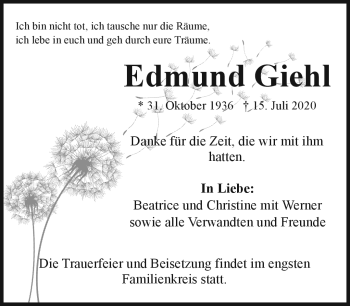 Traueranzeige von Edmund Giehl von Frankenpost
