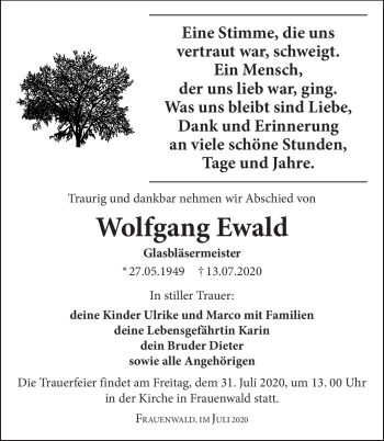 Traueranzeige von Wolfgang Ewald von Südthüringer Presse