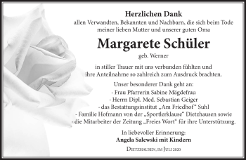 Traueranzeige von Margarete Schüler von Südthüringer Presse