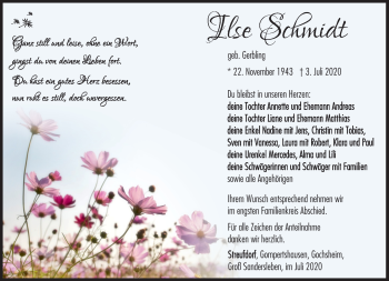 Traueranzeige von Ilse Schmidt von Südthüringer Presse