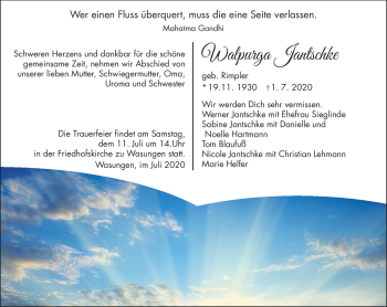 Traueranzeige von Walpurga Jantschke von Südthüringer Presse