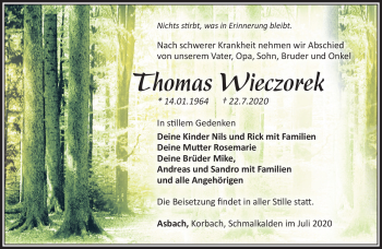 Traueranzeige von Thomas Wieczorek von Südthüringer Presse