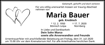Traueranzeige von Maria Bauer von Frankenpost