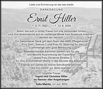 Traueranzeige von Ernst Hiller von Südthüringer Presse