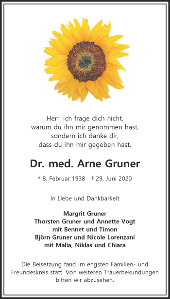 Traueranzeige von Arne Gruner von Frankenpost